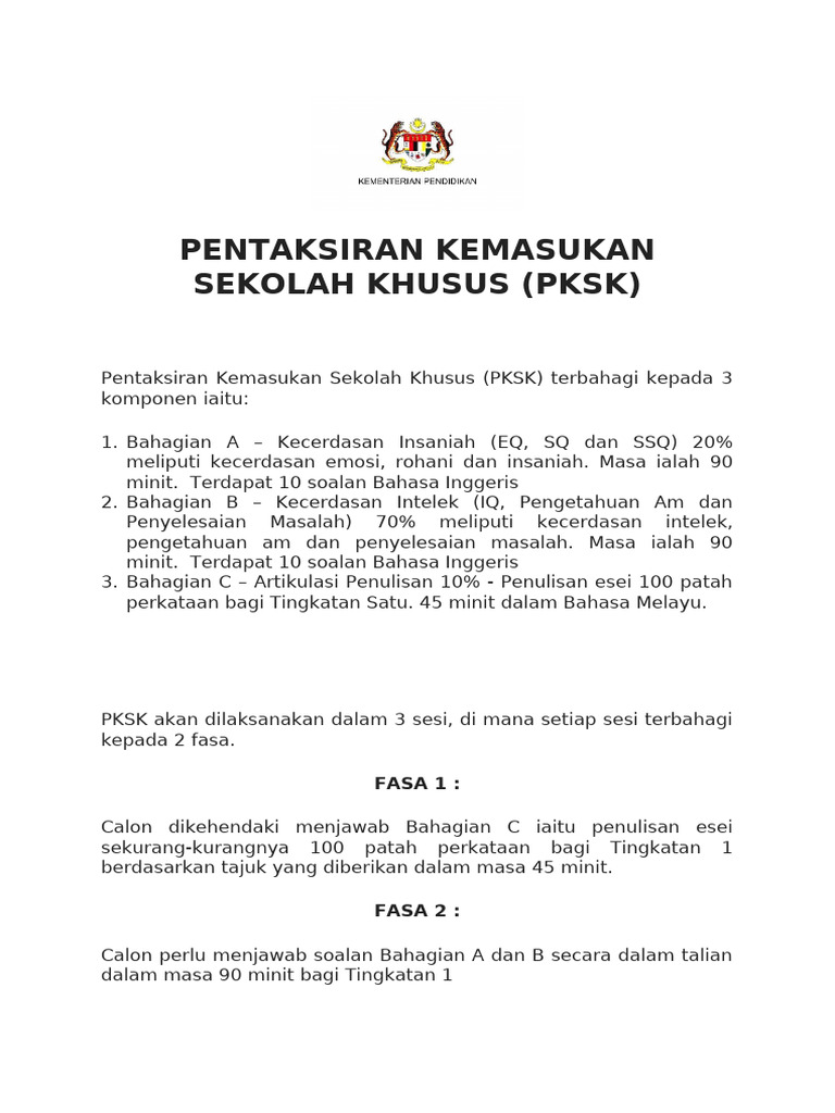 Pentaksiran Kemasukan Sekolah Khusus (PKSK) | PDF