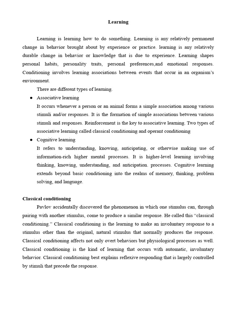 Types and Theories of Learning Explained | PDF | Classical Conditioning ...