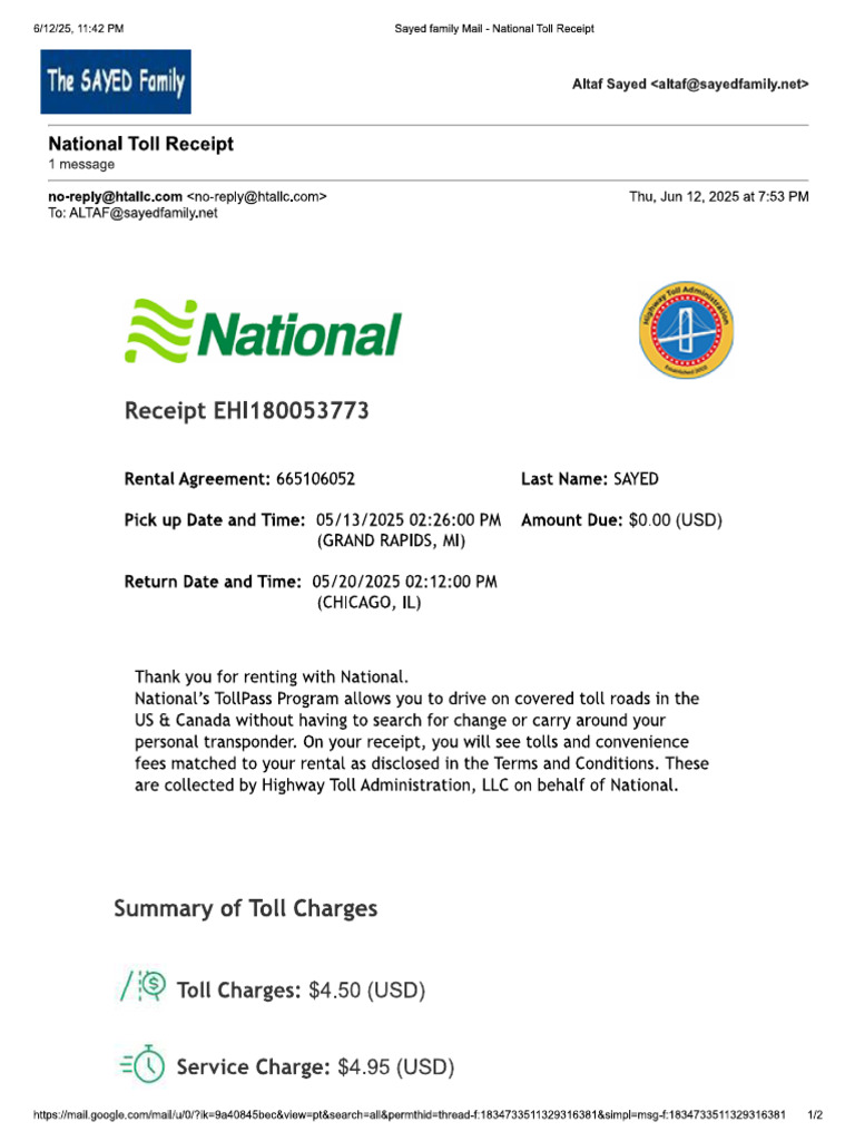 2025 06 11 Rental Car Toll | PDF