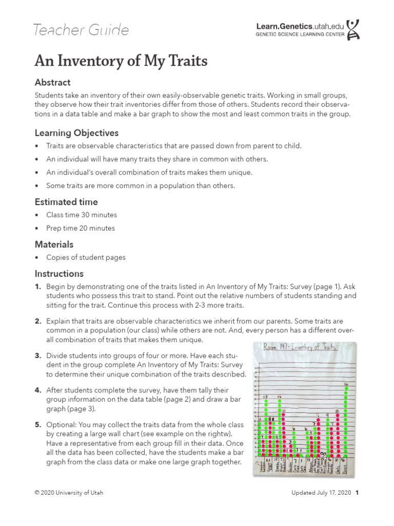 My Traits Inventory Activity Guide | PDF | Genetics | Biology