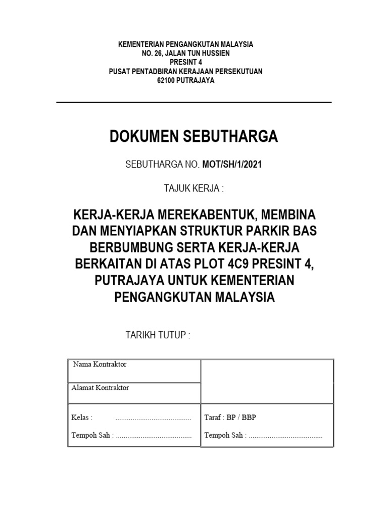 Sebutharga Struktur Parkir Bas Putrajaya | PDF