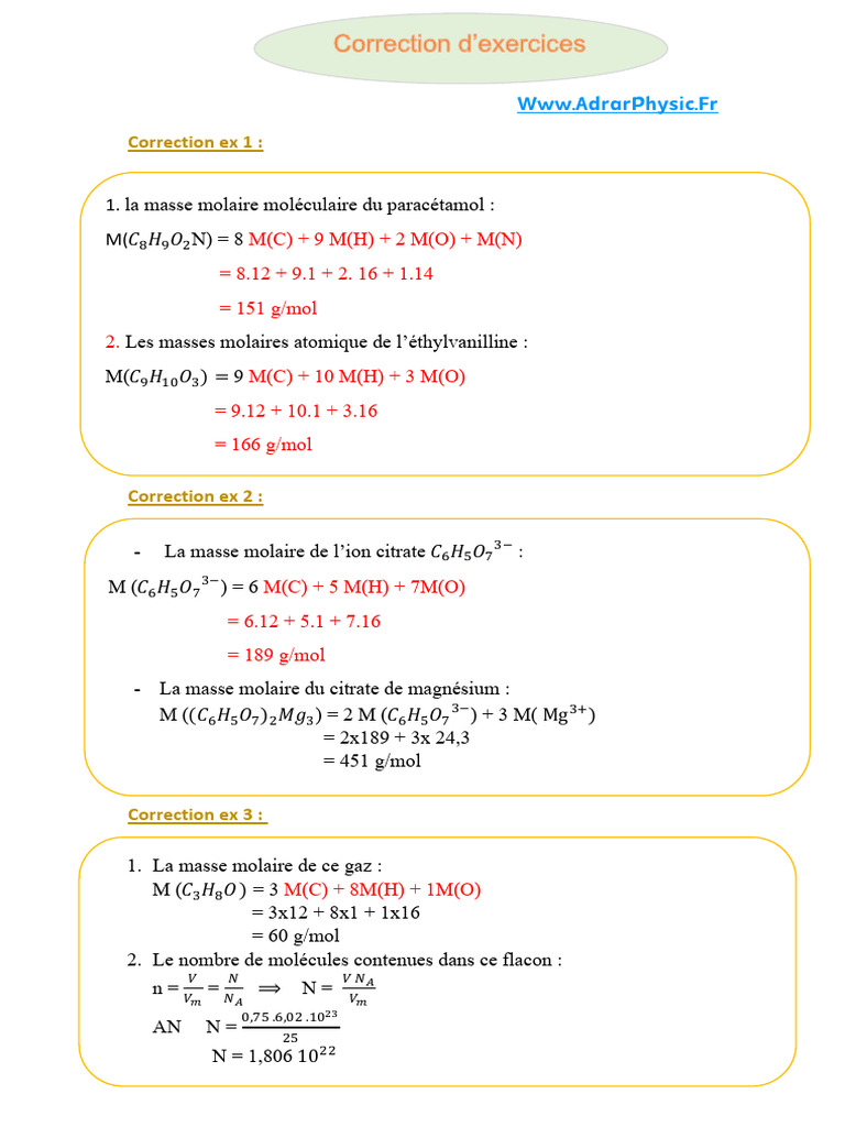 Calculs de masses molaires et gaz | PDF | Mole (unité) | Chimie physique