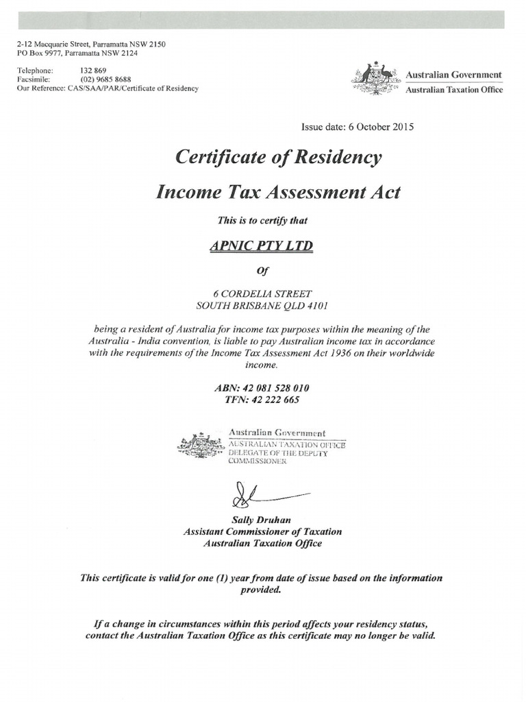 Tax Residency Certificate 2016 | PDF