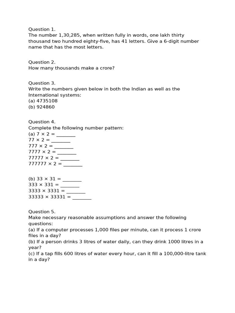 Class 7 Extra Questions on Large Numbers | PDF