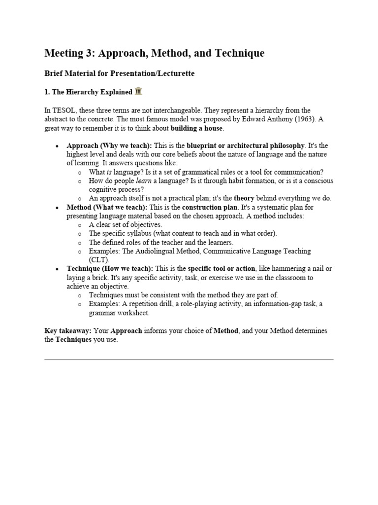 TESOL Hierarchy: Approach, Method, Technique | PDF | Language Education ...