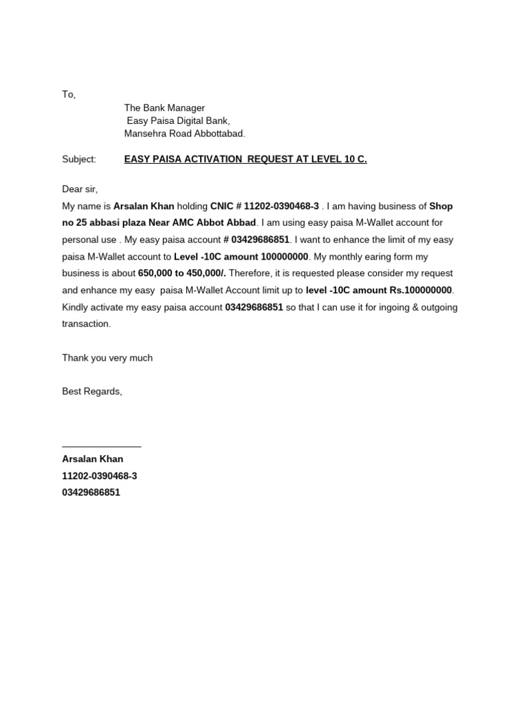 Easy Paisa Activation Request Letter | PDF