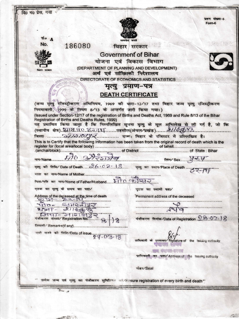 Bihar Death Certificate Template | PDF