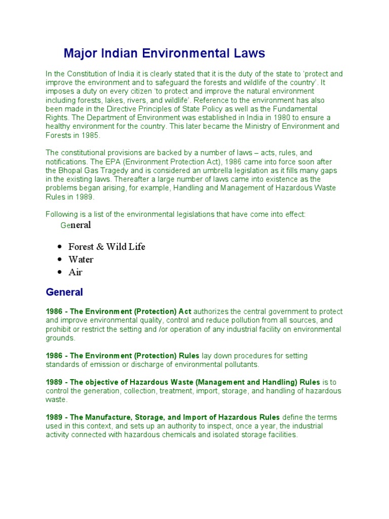 Major Indian Environmental Laws PDF Environmental Law Hazardous Waste