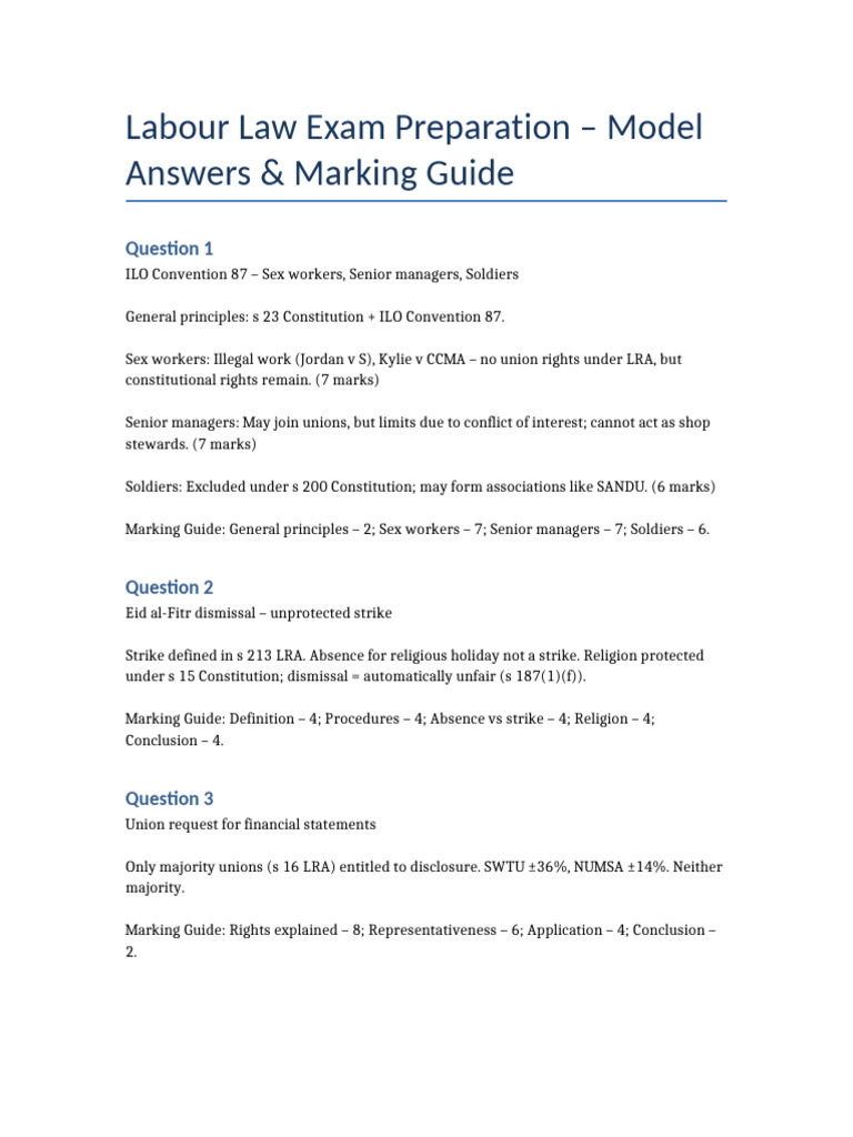 Labour Law Exam Model Answers Guide | PDF | Labour Law | Business Ethics