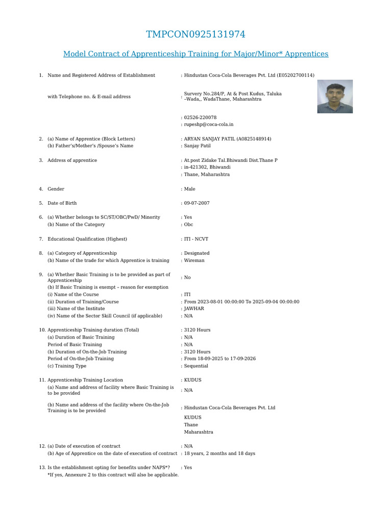 Apprenticeship Training Contract for Wireman | PDF | Apprenticeship ...
