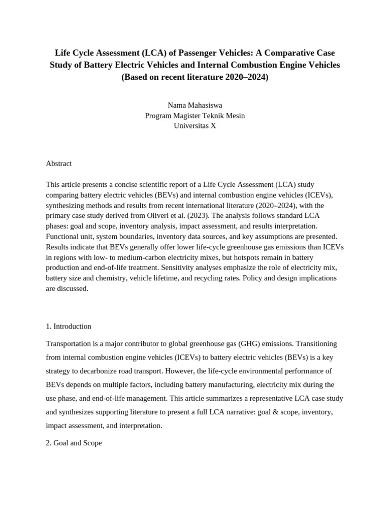LCA of BEVs vs ICEVs: 2020-2024 Insights | PDF | Life Cycle Assessment ...