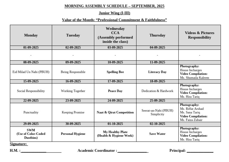 Morning Assembly Schedule (Junior) | PDF