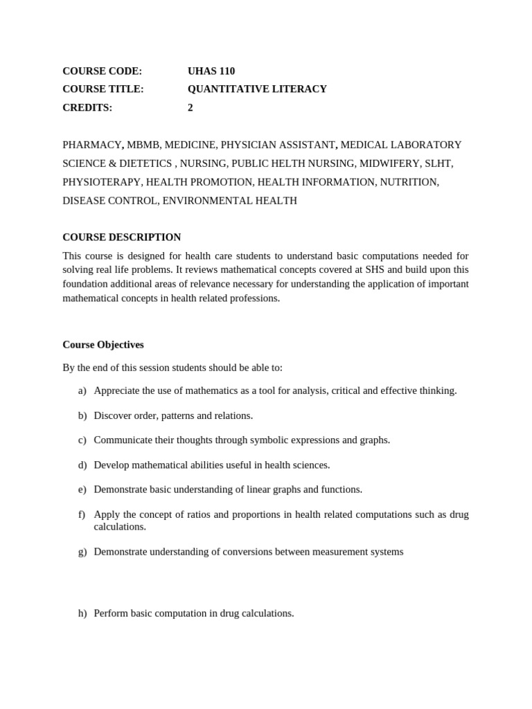 Quantitative Literacy for Health Sciences | PDF | Equations | Function ...