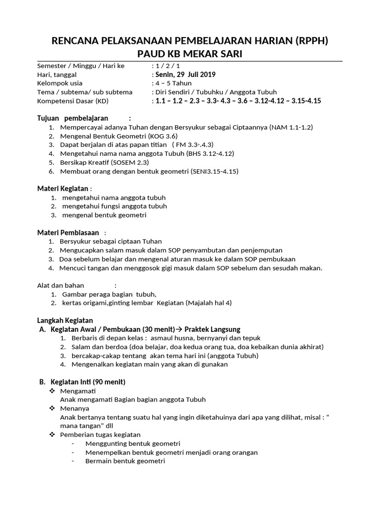 RPPH TK-A SMT1 Minggu - 02 - Tubuhku | PDF