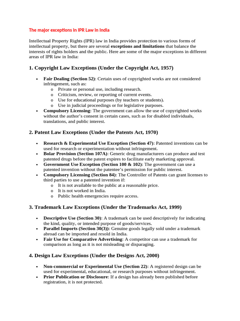 Major Exceptions in Indian IPR Law | PDF | Patent | Intellectual Property