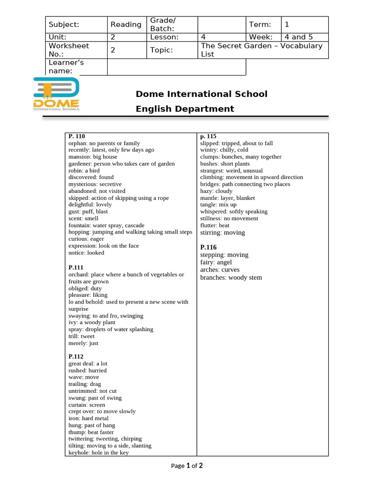 The Secret Garden - Vocabulary List | PDF | Botany | Plants