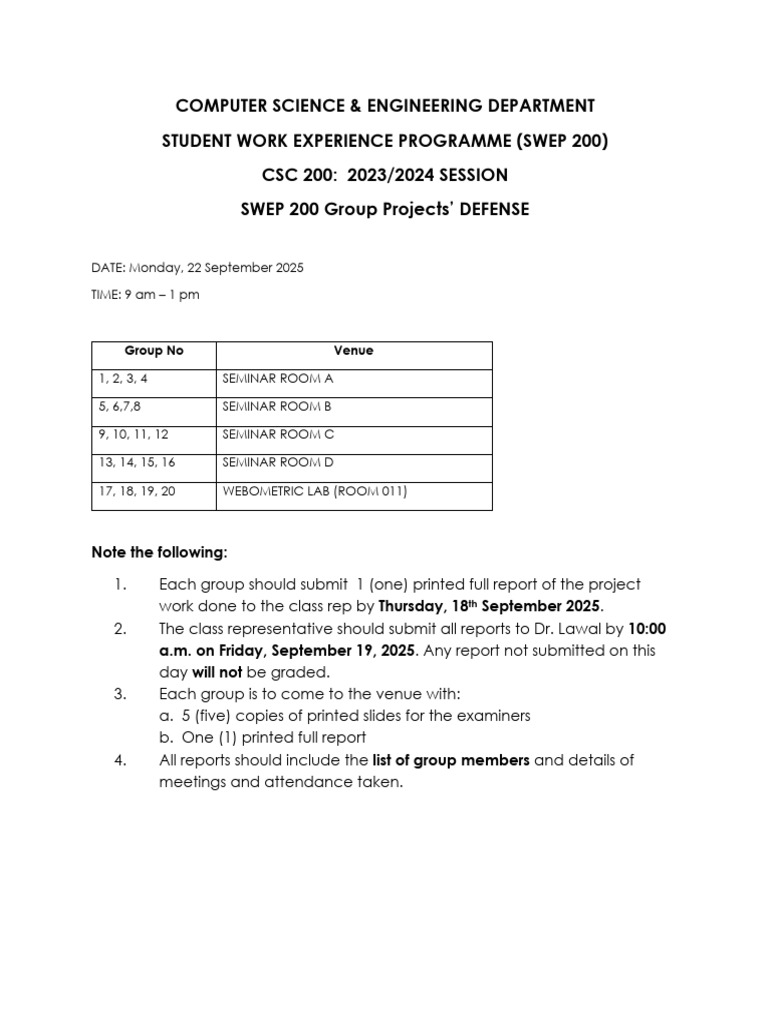 SWEP 200 Group Projects Defense Schedule | PDF