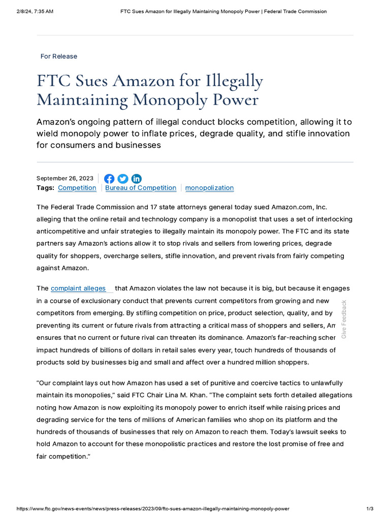 FTC Sues Amazon For Illegally Maintaining Monopoly Power - Federal ...