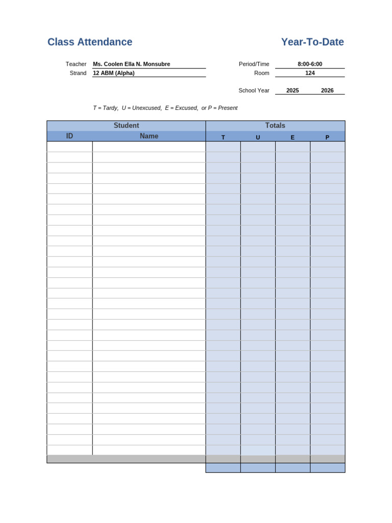 Class Attendance Year-To-Date: Student Totals ID Name | PDF
