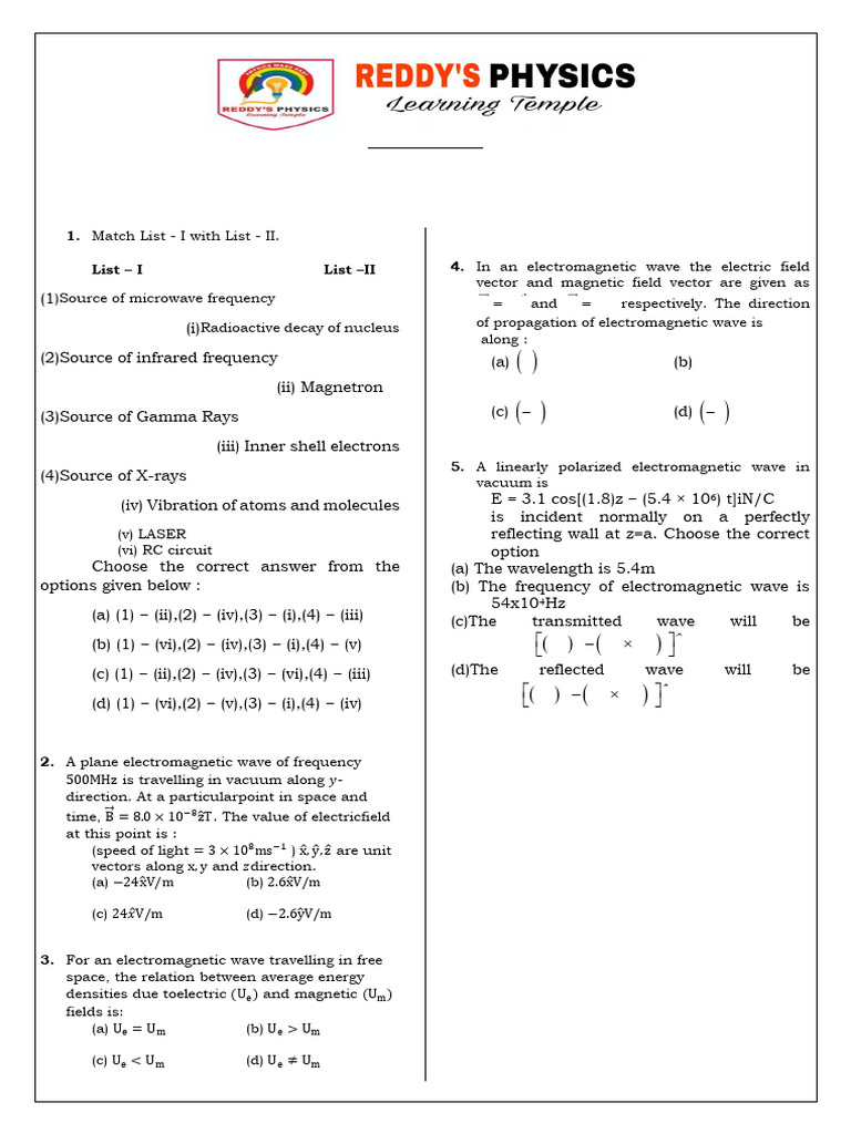 NEET 2025 Physics Practice Questions | PDF | Electromagnetic Radiation ...
