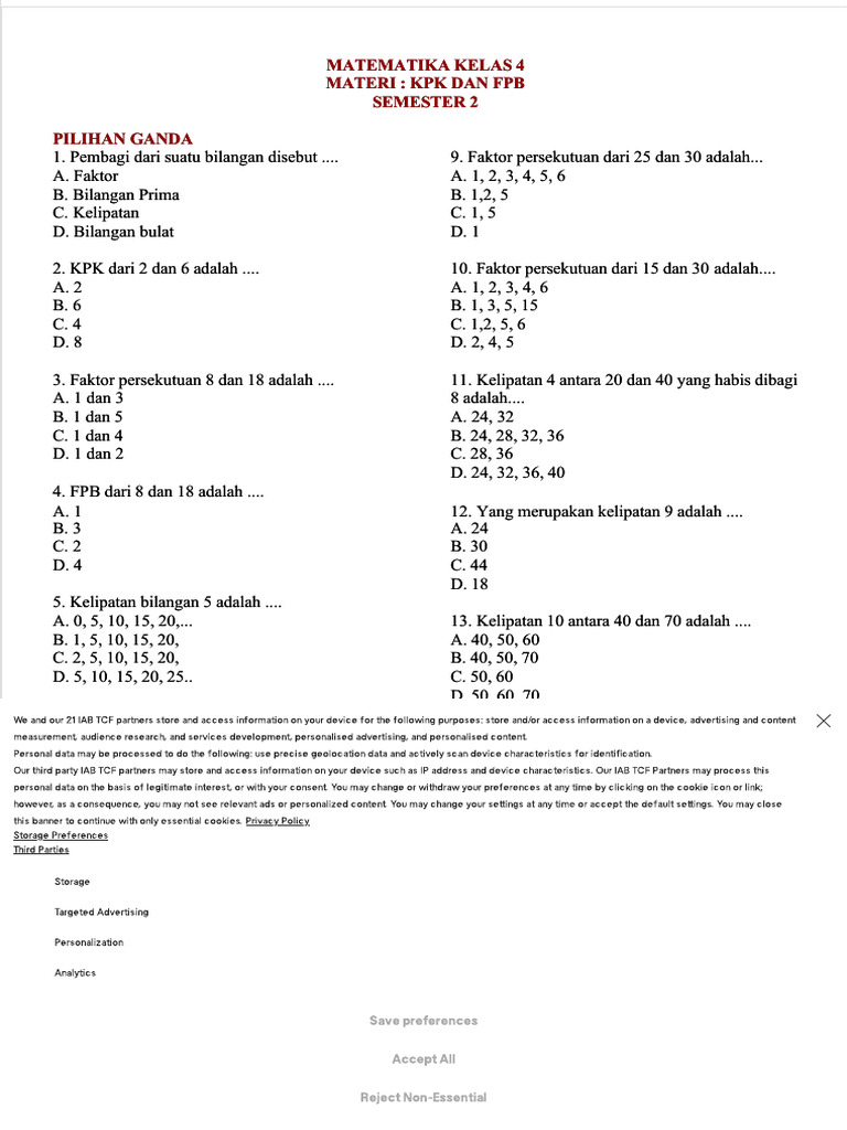 PDF Matematika Kelas 4 FPB KPK Compress | PDF