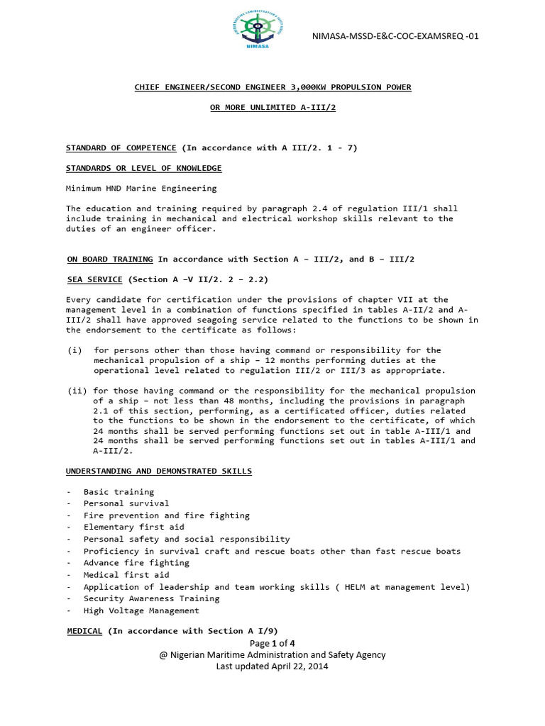 Chief Engineer Certification Requirements | PDF | Ships | First Aid