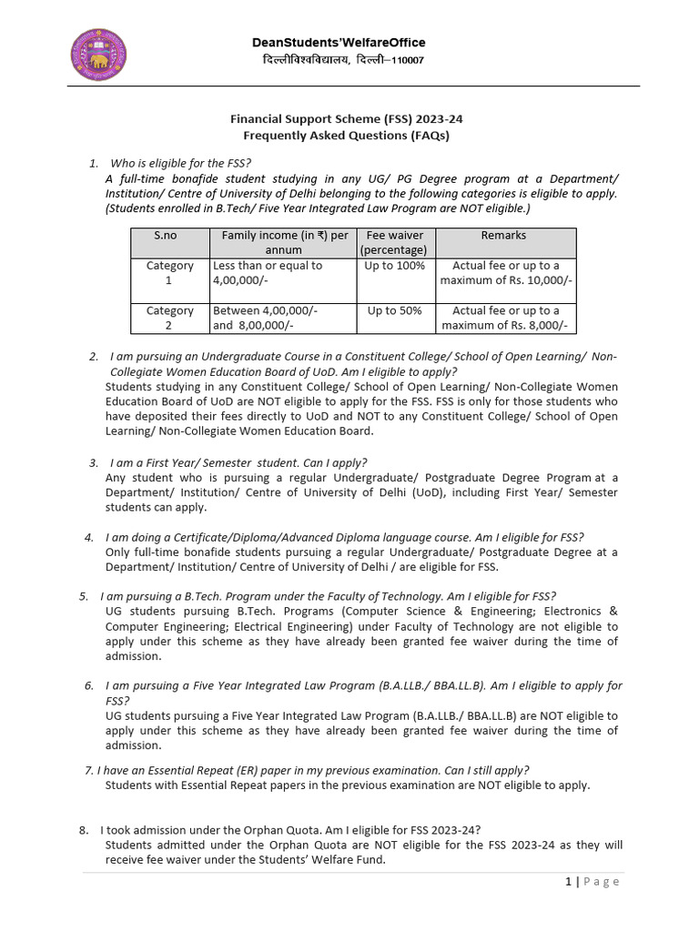FSS 2023-24 Eligibility and Application Guide | PDF | Undergraduate ...