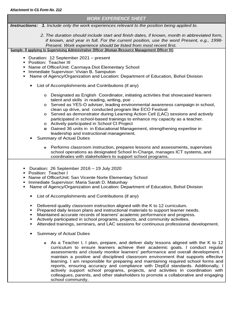 Work Experience Sheet for Teachers | PDF | Curriculum | Learning