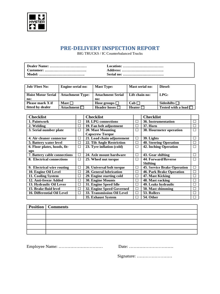 Pre-Delivery Inspection Checklist | PDF | Truck | Engines