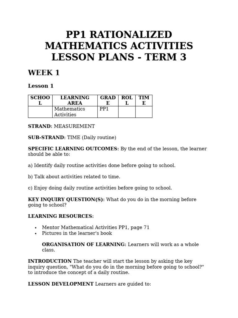 Pp1 Term 3 Mathematics Lesson Plans v2 | PDF | Learning | Classroom