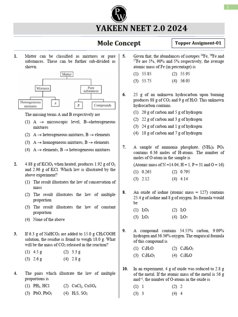 NEET 2024 Mole Concept Practice Questions | PDF | Mole (Unit) | Carbon ...