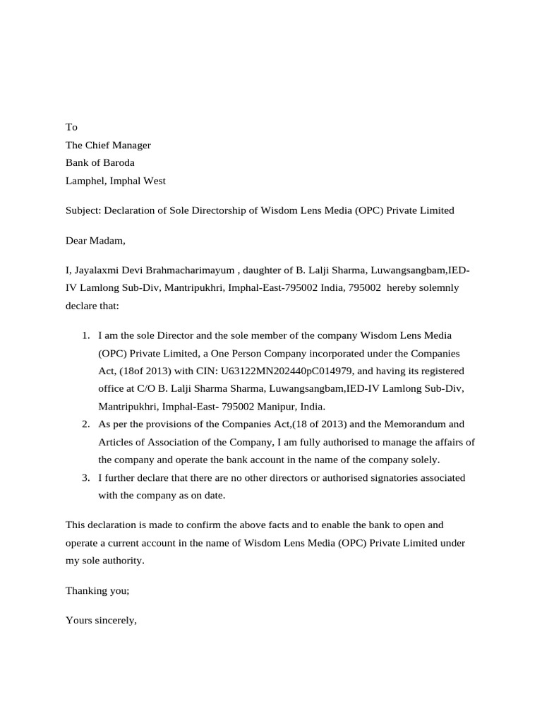 Sole Directorship Declaration for Wisdom Lens Media | PDF