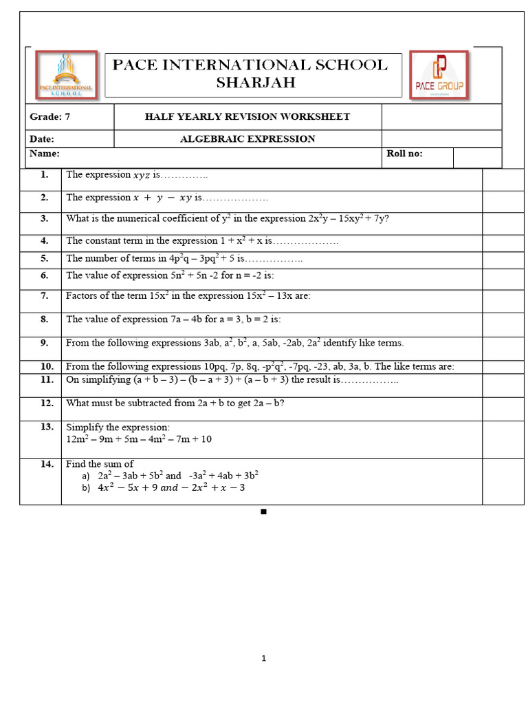 7th Grade Algebraic Expressions Worksheet | PDF