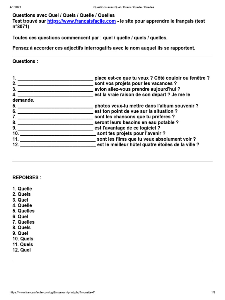 Questions avec Quel et ses Variantes | PDF