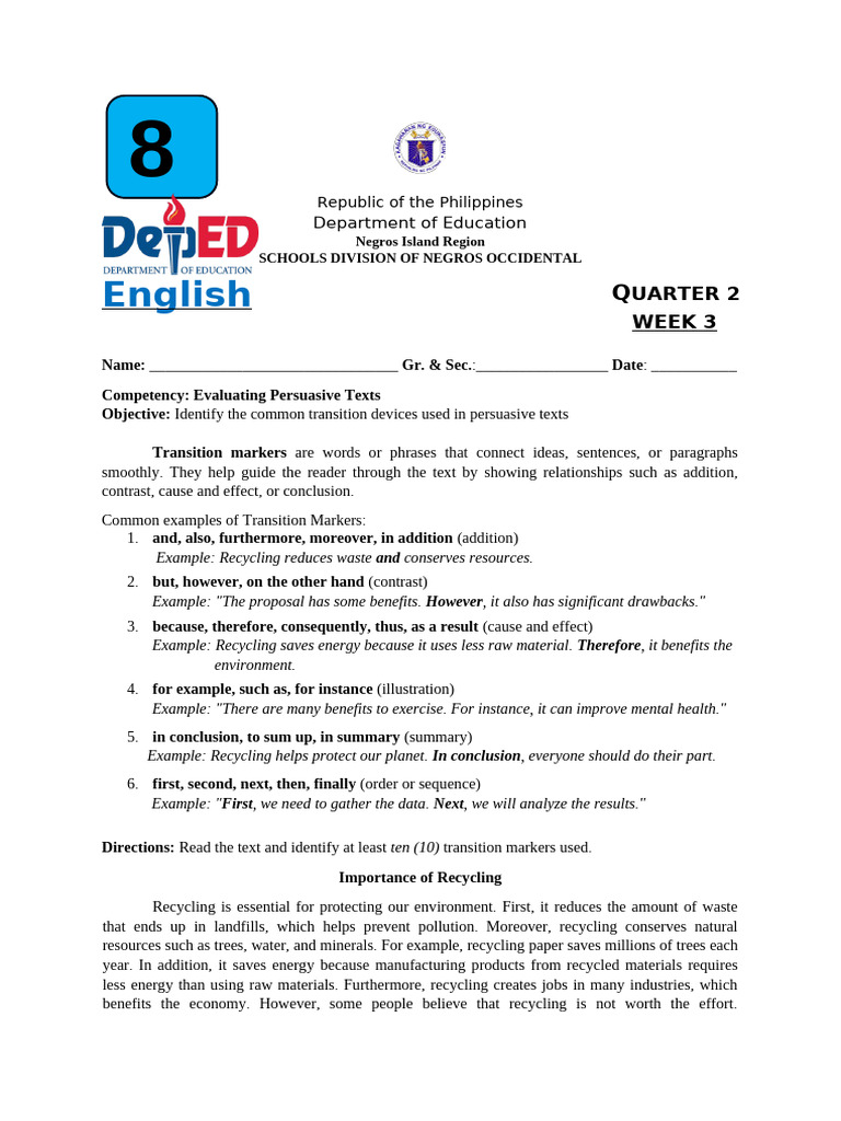 ELK ENGLISH Grade 8 - Q2 - Week 3 - QA | PDF | Recycling | Waste