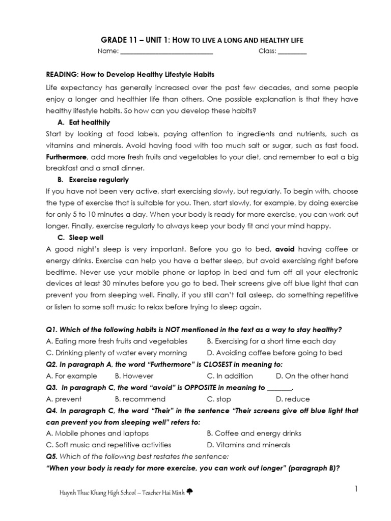 G11 Unit 1 Reading (Extended Tasks) Global Success | PDF | Sleep | Foods