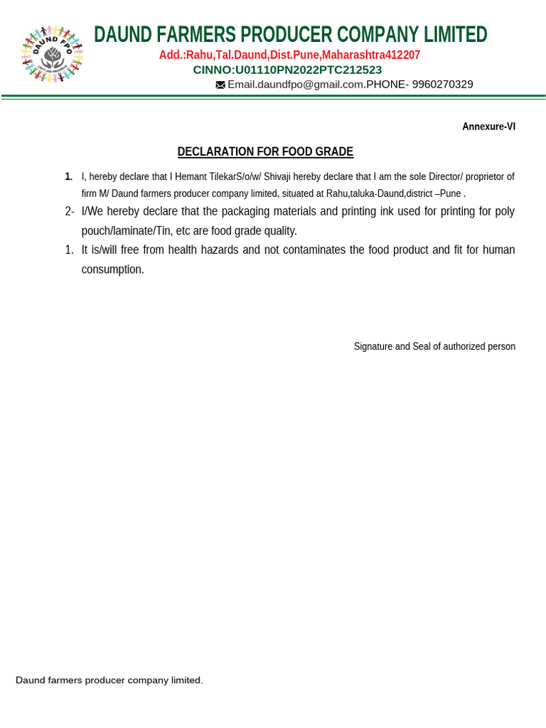 Food Grade Decelaration | PDF