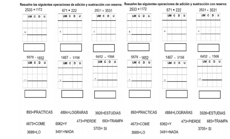 2 Practica de Sumas y Restas Con Reserva | PDF