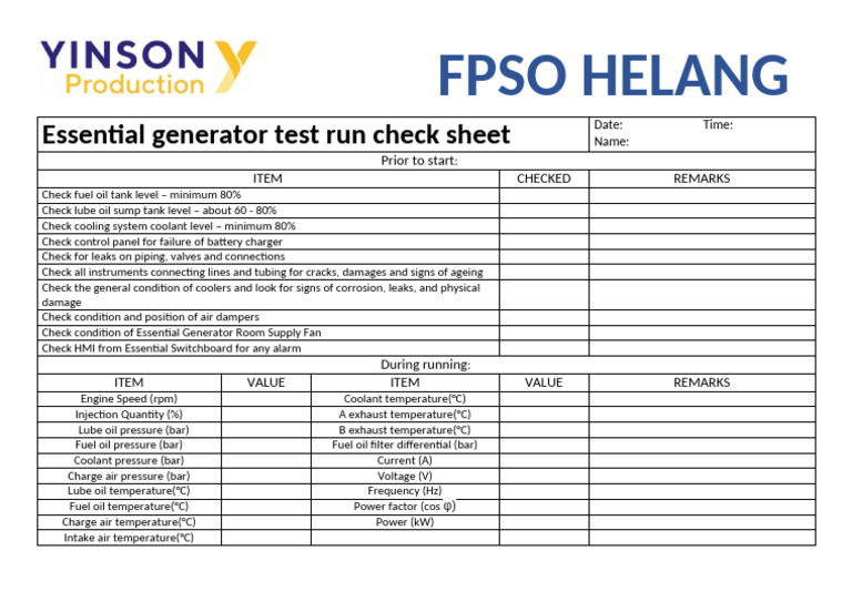 FPSO Helang Generator Test Checklist | PDF