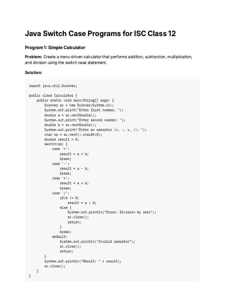 Java Switch Case Calculator Programs | PDF | Workweek And Weekend ...