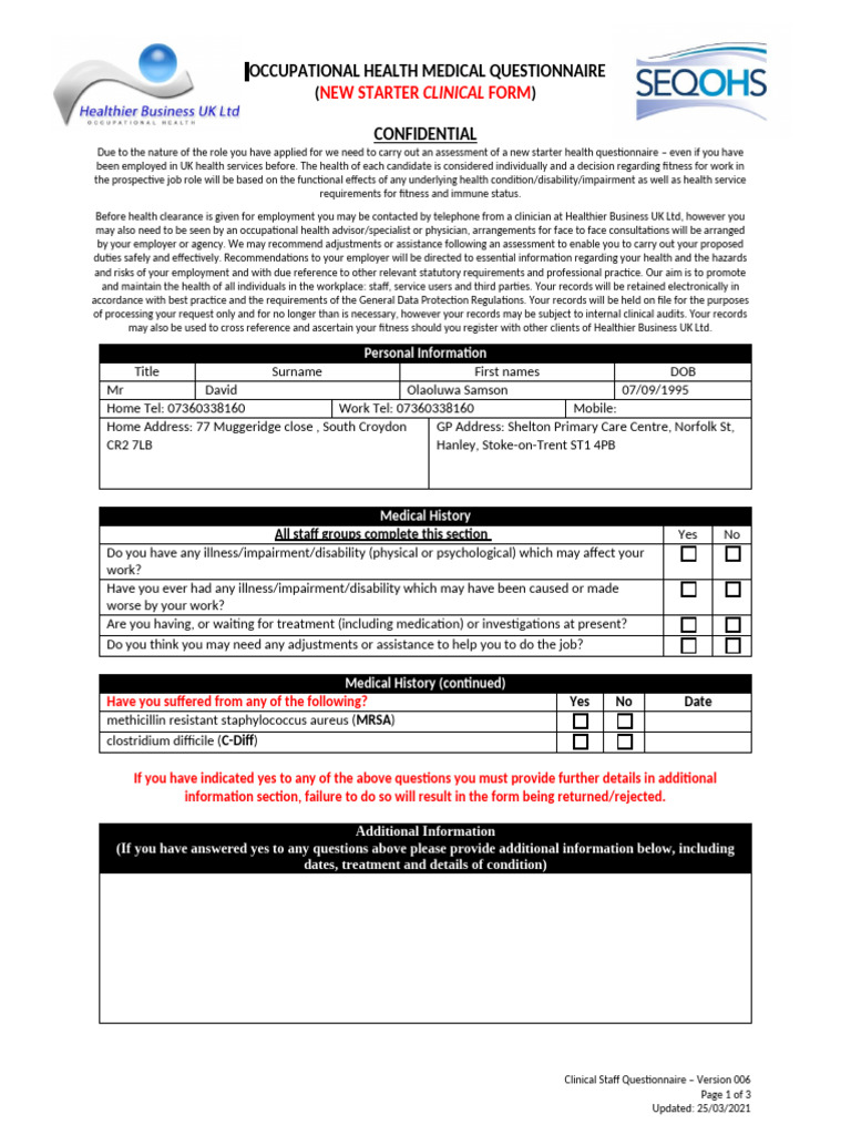 Occupational Health Questionnaire Form | PDF | Hepatitis | Public Health