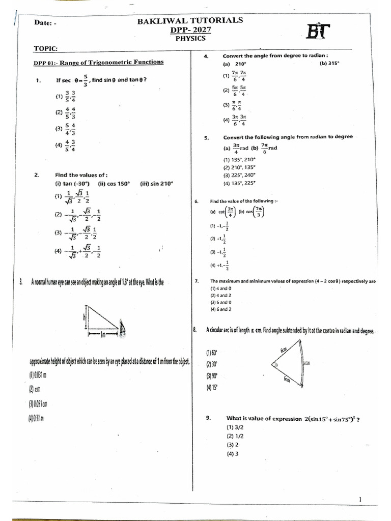 DPP 11th (Range of Trigonometric Functions) | PDF