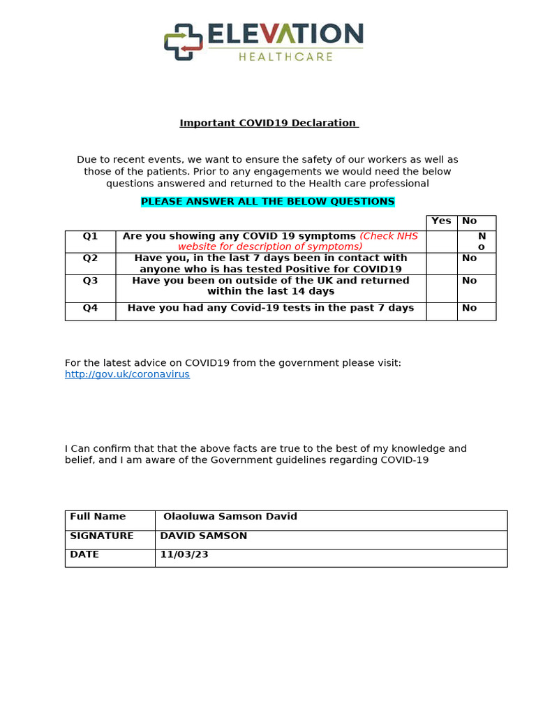 COVID-19 Health Declaration Form | PDF