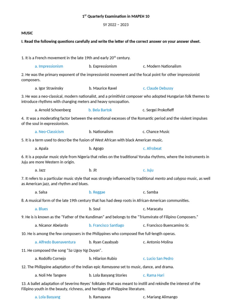 MAPEH 10 1st Quarter Exam Guide | PDF | Dances | Health Professional