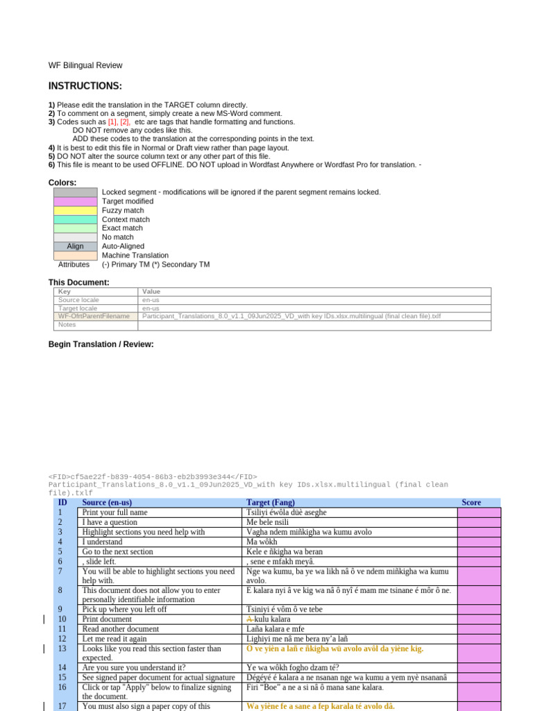 WF Bilingual Review Instructions | PDF | Text | Translations