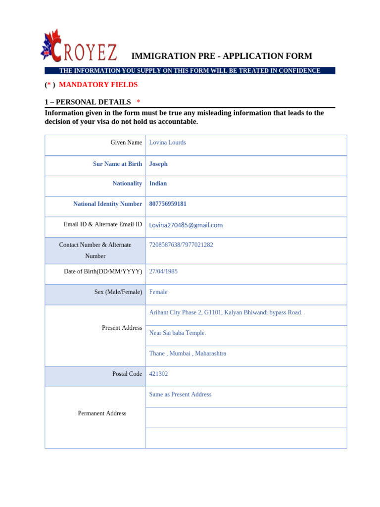 Immigration Pre-Application Form | PDF | Travel Visa | Justice