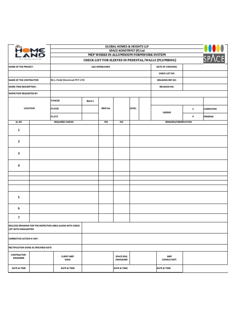 MEP Sleeve Inspection Checklist | PDF | Materials | Building Engineering