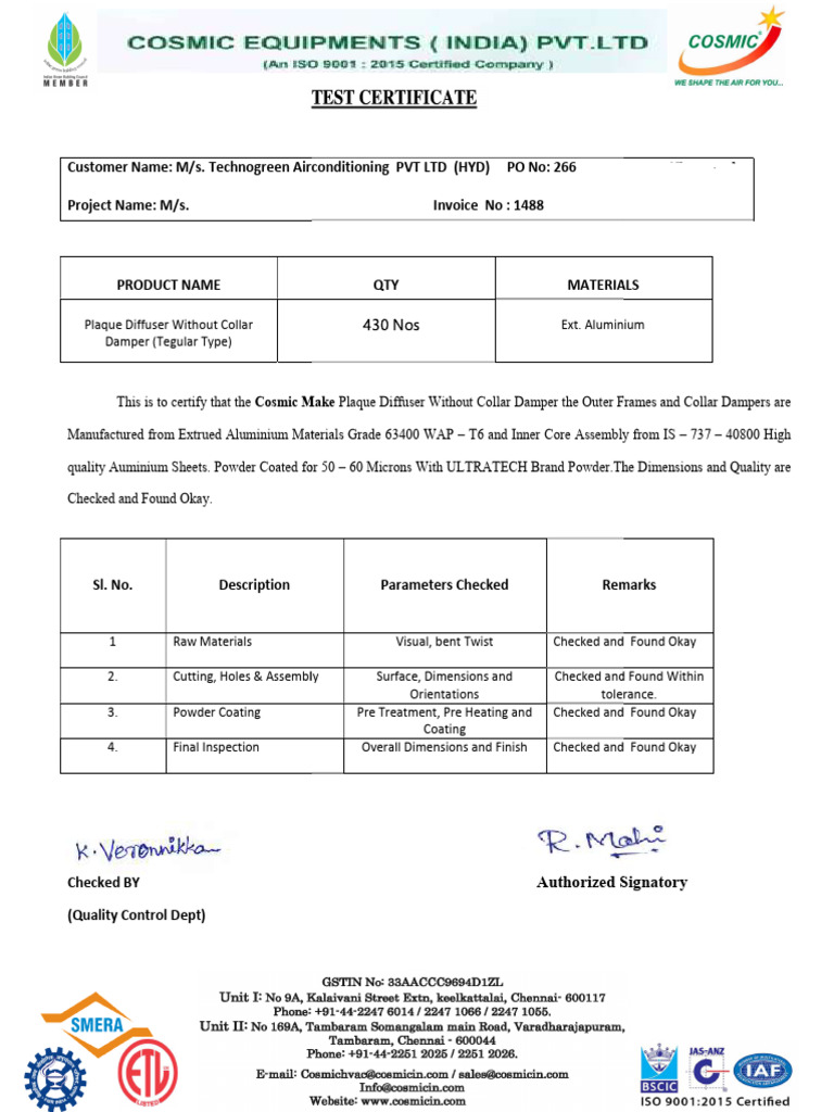 Plaque Diffuser Quality Certification | PDF
