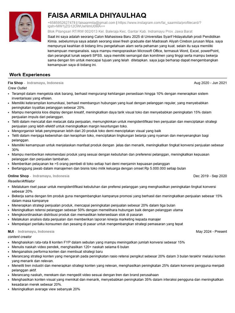 CV Faisa Armila Dhiyaulhaq | PDF