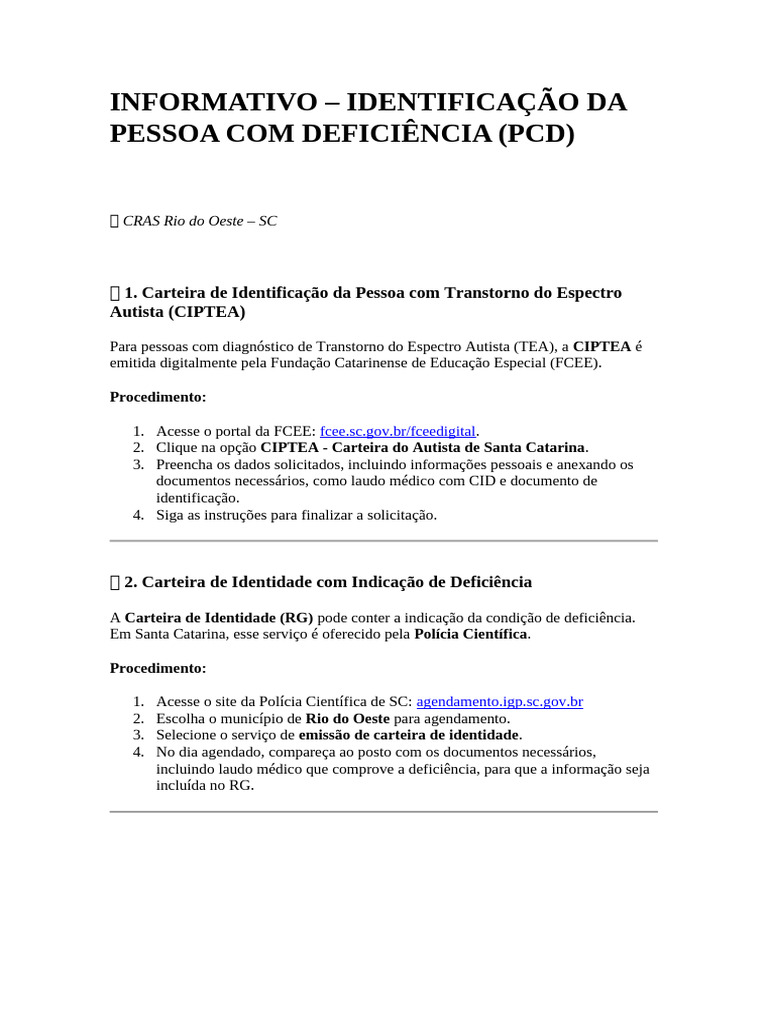 Identificação de PCD em Rio do Oeste | PDF